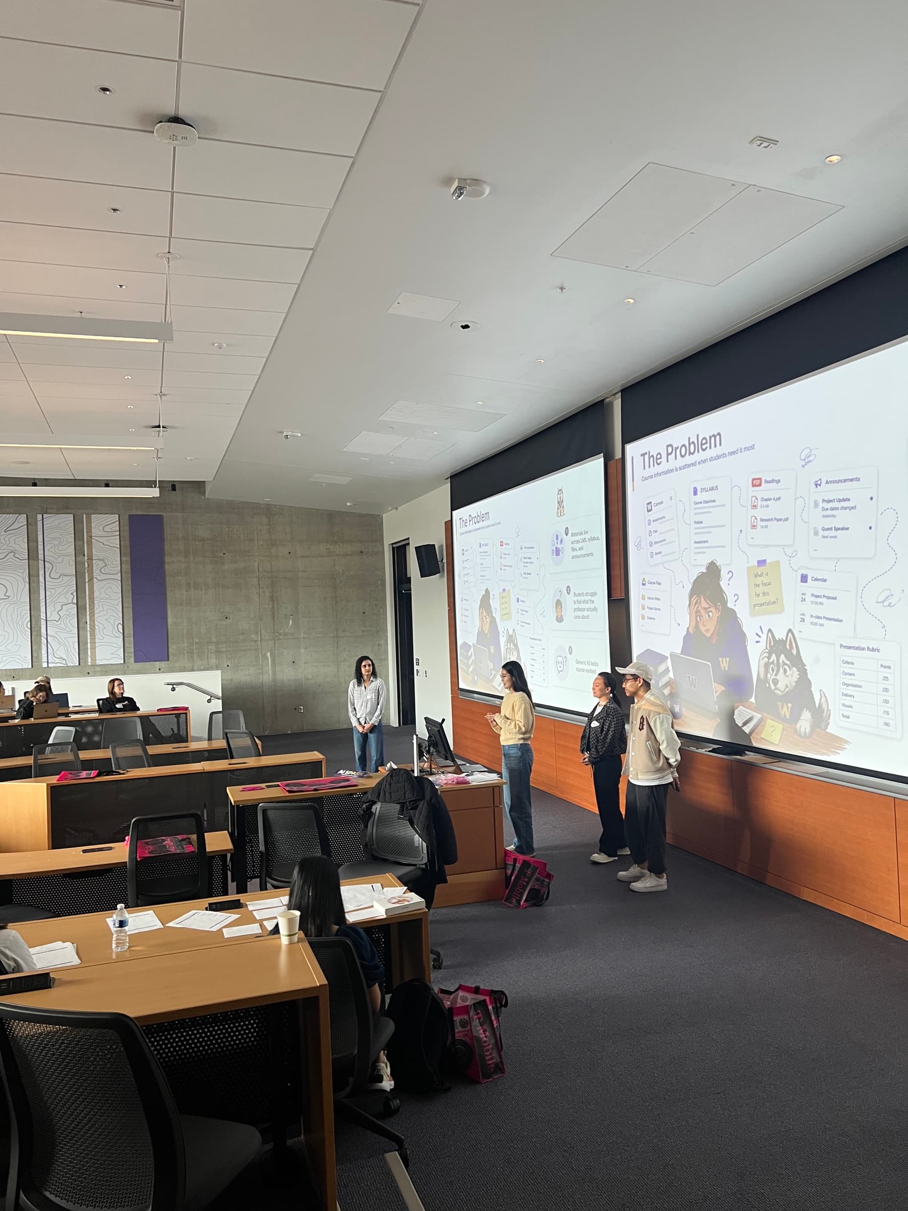 A team presenting its solution with a problem overview projected behind them.