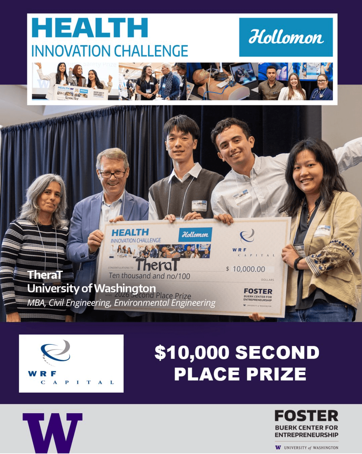 UW award graphic recognizing TheraT’s $10,000 second-place prize at the 2026 Hollomon Health Innovation Challenge.