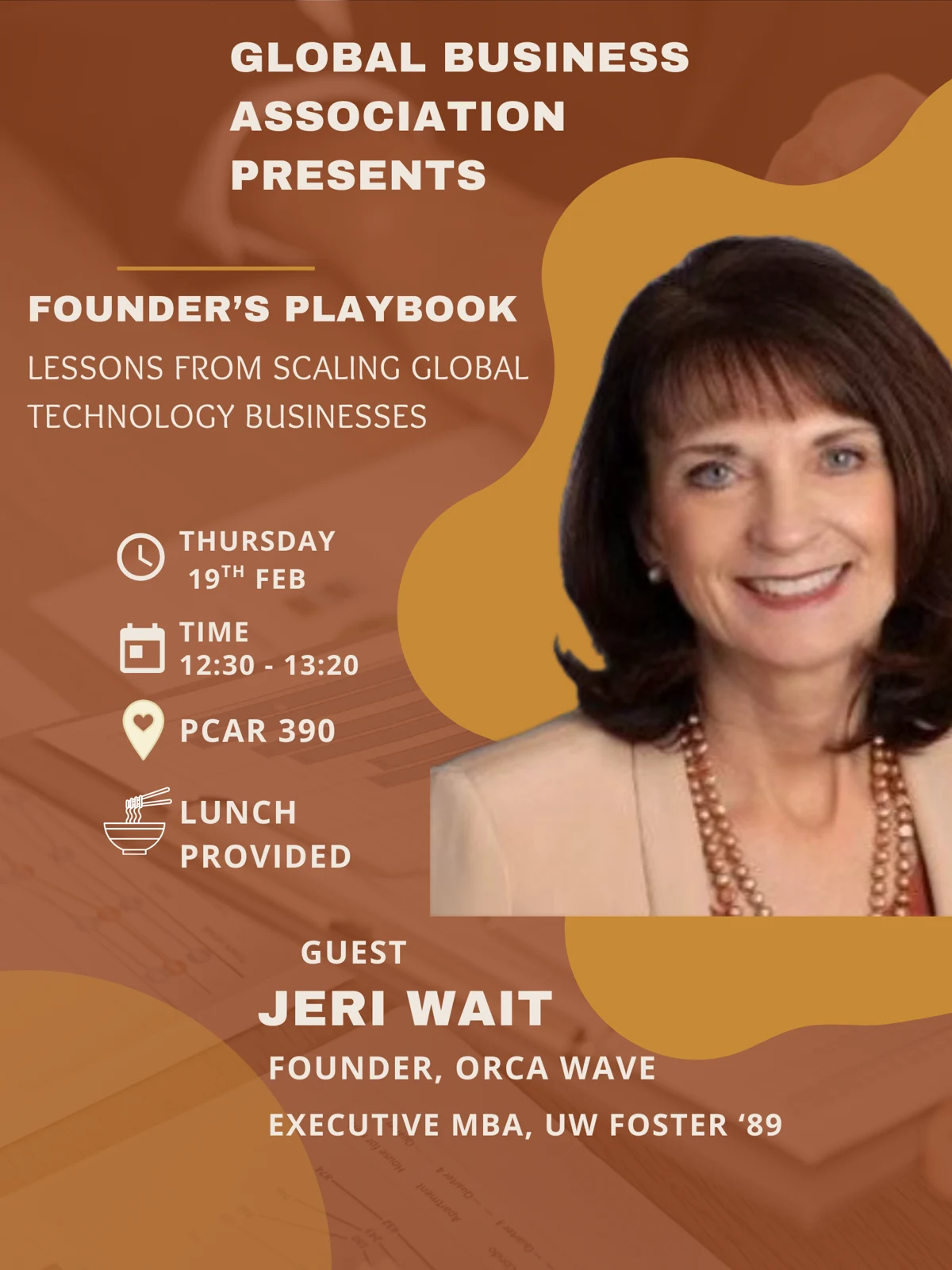 Founder’s Playbook event flyer featuring Jeri Wait and lessons from scaling global technology businesses.