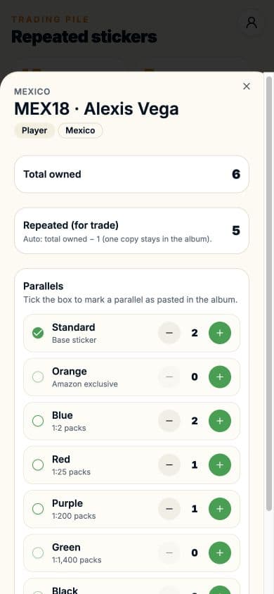 Alexis Vega sticker editor showing six owned copies: two Standard, two Blue, one Red, and one Purple, with the Standard copy marked as pasted.