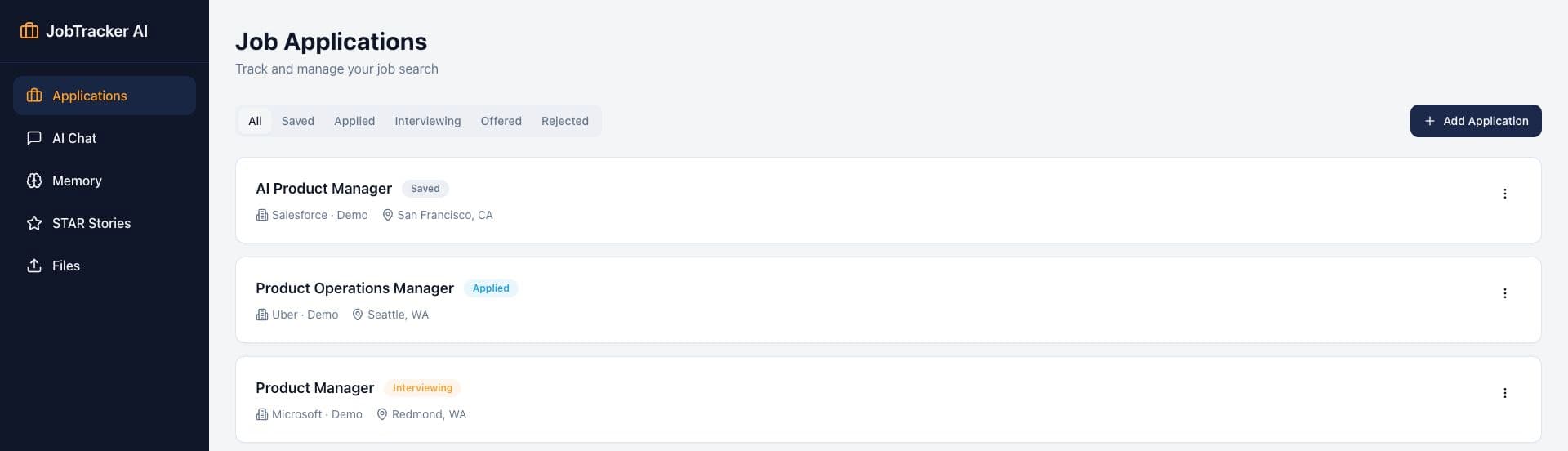 JobTracker AI applications dashboard with Salesforce, Uber, and Microsoft demo records showing Saved, Applied, and Interviewing statuses, beside AI Chat, Memory, STAR Stories, and Files navigation.